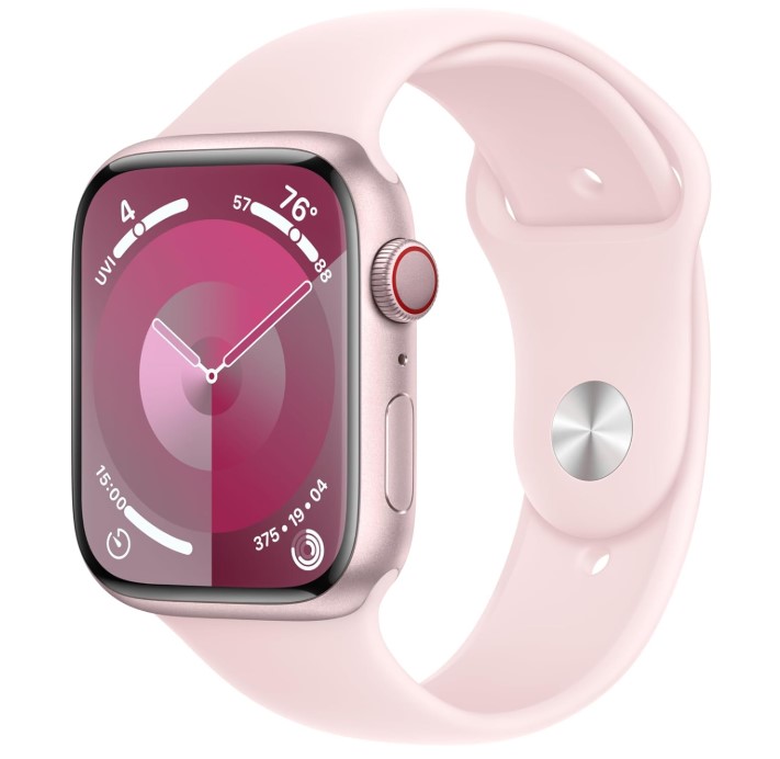 Apple Watch Serie 9 (GPS y celular, 1.7 pulgadas) - Reloj inteligente con carcasa de aluminio y correa deportiva color rosa, S/M, con apps de ejercicio, oxigenación y ECG, pantalla Retina
