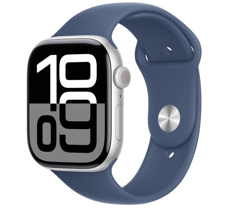 Apple Watch Series 10 (46 mm, GPS) con caja de aluminio plateado, con correa deportiva azul denim, M/L monitor de fitness, app de ECG, pantalla Retina siempre activa, impermeable