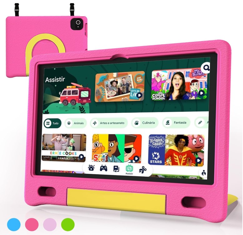 Tableta para niños de 10.1 pulgadas, Android 14, 64 GB, CPU de ocho núcleos, wifi, batería grande, contenido para niños, control parental, pantalla HD para niños de 3 a 12 años, Bluetooth, funda rosa antigolpes.
