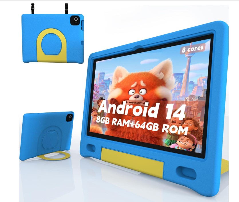 Tableta para niños con correa, Android 14 de 10 pulgadas, Octa-Core, 64 GB, 1 TB expandible, con estuche, Bluetooth, WiFi, control parental, cámara dual, batería de 12 horas.