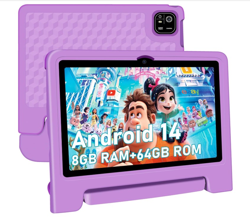 Tableta para niños, pantalla táctil IPS HD de 10.1 pulgadas, Android 14, 64 GB de almacenamiento, 8 GB de RAM, Octa Core, control parental, batería de 12 horas, wifi, GPS - Morado