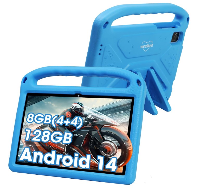 Tableta para niños weelikeit 2025 mejorada, Android 14 de 10 pulgadas, 8 GB (4+4) de RAM + 128 GB de almacenamiento, batería de larga duración de 6000 mAh, cámaras duales, ideal para niños pequeños, incluye estuche (azul)